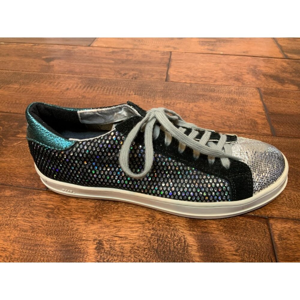 P448 John Black Silver Sparkling Mesh Lace-Up Low Top Sneakers, Size 7 | 37